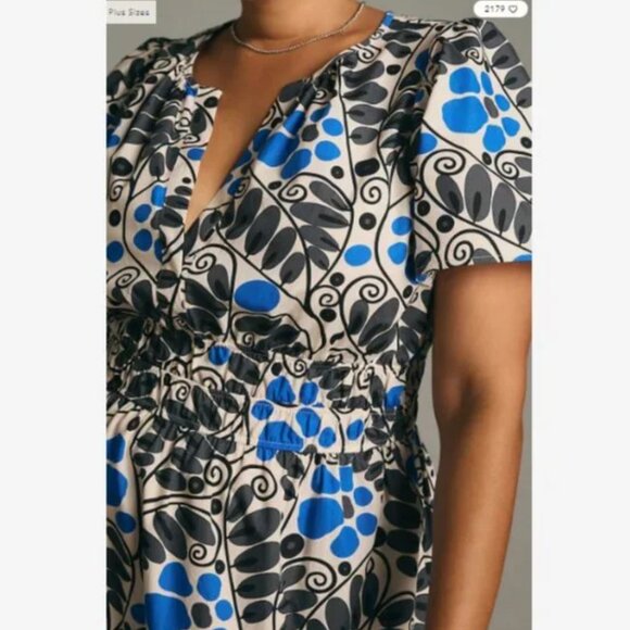 NWT Anthropologie Somerset Mini Dress in Marin Leaf Blue Black Print Size 3X - Picture 4 of 9